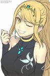  1girl :d artist_name bangs black_dress black_sleeves blonde_hair breasts chest_jewel circlet dress earrings formal gofelem grin jewelry long_hair looking_at_viewer mythra_(xenoblade) one_eye_closed ponytail simple_background sketch smile solo swept_bangs teeth upper_body white_background xenoblade_chronicles_(series) xenoblade_chronicles_2 yellow_eyes 