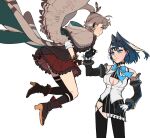  2girls ahoge bangs blue_eyes blue_hair blue_ribbon boots bow bow_earrings brown_eyes brown_hair chain cleavage_cutout clothing_cutout detached_sleeves earrings eus_ing feather_hair_ornament feathers gloves hair_intakes hair_ornament headband high_heel_boots high_heels hololive hololive_english jewelry long_hair multicolored_hair multiple_girls nanashi_mumei ouro_kronii ponytail ribbon sailor_collar shirt short_hair skirt sleeveless sleeveless_shirt solo streaked_hair thighhighs very_long_hair virtual_youtuber white_shirt 