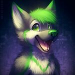  1:1 abstract_background anthro bust_portrait canid cheek_tuft facial_tuft fangs fur glistening glistening_eyes green_body green_eyes green_fur green_hair green_nose grey_body grey_fur hair happy looking_aside looking_up male mammal mylafox neck_tuft nude open_mouth open_smile portrait shoulder_tuft smile solo text tuft url white_body white_fur 