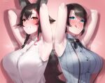  2girls :d :q animal_ear_fluff animal_ears aqua_eyes armpits arms_behind_back arms_up bangs black_bow black_bowtie black_hair blush bow bowtie closed_mouth fox_ears frikulu gradient gradient_background grey_shirt grin hair_ornament heart heart-shaped_pupils highres hololive jewelry long_hair looking_back multicolored_hair multiple_girls necklace ookami_mio oozora_subaru orange_eyes parted_lips pink_background red_hair shirt skirt sleeveless sleeveless_shirt smile star_(symbol) star_hair_ornament steaming_body streaked_hair striped striped_shirt suspender_skirt suspenders sweat swept_bangs symbol-shaped_pupils tongue tongue_out two-tone_hair v-shaped_eyebrows vertical-striped_shirt vertical_stripes very_long_hair white_shirt 