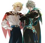  ... 2boys absurdres alhaitham_(genshin_impact) aqua_hair bangs black_gloves black_pants blonde_hair cape closed_mouth crossed_arms detached_sleeves earrings genshin_impact gloves godwkgodwk green_hair hair_between_eyes hair_over_one_eye hand_in_pocket highres jewelry kaveh_(genshin_impact) looking_at_viewer male_focus multicolored_hair multiple_boys pants partially_fingerless_gloves red_eyes shirt simple_background spoken_ellipsis white_background 