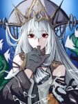  1girl 1other arknights bare_shoulders black_gloves blue_background doctor_(arknights) dress finger_sucking front_ponytail gloves gradient gradient_background grey_gloves grey_hair grey_headwear han_han_xiao_leng hat long_hair long_sleeves official_alternate_costume pov red_eyes skadi_(arknights) skadi_the_corrupting_heart_(arknights) skadi_the_corrupting_heart_(sublimation)_(arknights) solo_focus upper_body very_long_hair water white_dress 