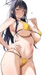  1girl bangs bare_shoulders bikini bikini_pull black_hair blue_archive blue_eyes blush breasts cameltoe closed_mouth clothes_pull covered_nipples cowboy_shot from_below halo hand_on_hip highleg highleg_bikini highres ichinose_(ichinose1592) large_breasts long_hair looking_at_viewer looking_down micro_bikini multi-strapped_bikini navel pulled_by_self saori_(blue_archive) simple_background skindentation smile solo steam steaming_body stomach string_bikini sweat swimsuit thighs underboob white_background yellow_bikini 