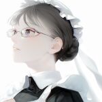  1girl bangs black_hair blue_eyes check_copyright copyright_request eyelashes glasses hair_bun highres lips looking_to_the_side maid maid_headdress nanase_miri original parted_lips portrait solo tearing_up 