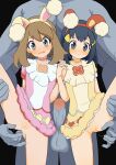  2girls absurdres bangs black_hair brown_hair brown_hairband censored choker collarbone commentary_request dawn_(pokemon) dress erection grey_eyes hair_ornament hairband hairclip hand_up highres holding_hands interspecies leg_up long_hair lukeskytera machamp may_(pokemon) mosaic_censoring multiple_girls penis pink_choker pink_dress pokemon pokemon_(creature) pokemon_(game) pokemon_dppt pokemon_ears pokemon_masters_ex pokephilia pussy pussy_juice spread_legs tearing_up yellow_choker yellow_dress yellow_hairband 