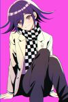  1boy alternate_costume arm_support bangs black_pants brown_eyes brown_jacket checkered_clothes checkered_scarf danganronpa_(series) danganronpa_v3:_killing_harmony feet_out_of_frame grin hair_between_eyes highres jacket male_focus open_clothes open_jacket ouma_kokichi pants pink_background purple_hair scarf shiny shiny_hair simple_background sitting smile solo teeth urami0310 