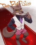  &lt;3 2022 anthro blush boxers_(clothing) brown_body brown_fur canid canine canis clothed clothing cotton_(artist) dreamworks eyebrows eyewear formal_wear fur heart_underwear hi_res looking_at_viewer male mammal mr._wolf_(the_bad_guys) necktie pantsless raised_eyebrow solo suit sunglasses the_bad_guys topwear underwear vest wolf yellow_sclera 