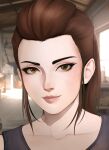  1girl brigitte_(overwatch) brown_eyes brown_hair closed_mouth commentary_request eyelashes eyeliner freckles grey_shirt hair_pulled_back highres indoors light_smile lips long_hair looking_at_viewer makeup nose overwatch ponytail portrait shirt solo sthanheykel tank_top window 