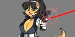  anthro big_breasts breasts cleavage clothed clothing collar_tag colored domestic_cat felid feline felis female glare_(lighting) gun half-length_portrait handgun hi_res kitty_katswell laser_sight looking_at_viewer mammal nickelodeon pistol pointing_gun_at_viewer portrait ranged_weapon seanmalikdesigns solo t.u.f.f._puppy weapon 