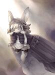  1other :3 androgynous animal_ears bangs closed_mouth commentary_request fake_horns full_body furry helmet highres horizontal_pupils horned_helmet horns long_hair looking_at_viewer made_in_abyss monochrome nanachi_(made_in_abyss) parody rabbit_ears robot sankuma scene_reference sepia solo tail the_lion_king whiskers 