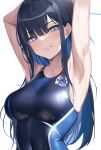  1girl absurdres alternate_costume armpits arms_up bangs black_hair blue_archive blue_eyes blunt_bangs breasts covered_navel highres long_hair looking_at_viewer medium_breasts no_mask one-piece_swimsuit saori_(blue_archive) solo suujiniku swimsuit upper_body wet white_background 