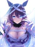  1girl akashio_(loli_ace) animal_ears bandages bangs blue_eyes breasts brown_hair commentary_request ear_ornament glowing glowing_eye hair_between_eyes highres horse_ears horse_girl large_breasts long_hair looking_at_viewer make_up_in_halloween!_(umamusume) mummy_costume nail_polish official_alternate_costume reaching_out smile solo super_creek_(chiffon_ribbon_mummy)_(umamusume) super_creek_(umamusume) umamusume upper_body 