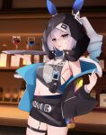 1girl absurdres bar_(place) belt black_jacket black_shorts blue_hair blurry blurry_background bottle breasts bronya_zaychik bronya_zaychik_(haxxor_bunny) cowboy_shot crop_top cup drill_hair drinking_glass fur-trimmed_jacket fur_trim gradient_hair grey_eyes grey_hair highres holding holding_tray honkai_(series) honkai_impact_3rd hood hood_up indoors jacket long_sleeves looking_at_viewer multicolored_hair navel off_shoulder open_mouth shorts small_breasts smile solo steodg teeth thigh_strap tray twin_drills twintails upper_teeth 