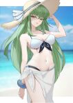  1girl absurdres bangs bare_arms bare_shoulders bikini blue_sky breasts c.c. cleavage cloud code_geass commentary cowboy_shot day green_hair hat highres large_breasts long_hair looking_at_viewer navel ocean parted_lips sarong sky smile solo standing stomach sun_hat swimsuit thighs very_long_hair water white_bikini yang_lizi yellow_eyes 