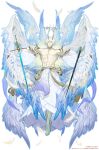  1boy abs absurdres angel angel_wings arms_at_sides barefoot character_request flying full_body glowing glowing_eyes glowing_feather highres horns kamurai_tribe large_horns large_pectorals looking_at_viewer male_focus mechanical_halo multiple_wings muscular muscular_male nanase_miri navel no_nipples official_art pectorals short_hair solo spread_wings topless_male white_hair wings 