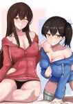  2girls absurdres akagi_(kancolle) akagi_kai_ni_(kancolle) all_fours alternate_costume black_panties blue_jacket breasts brown_eyes brown_hair cleavage heterochromia highres hood hooded_jacket hoodie jacket kaga_(kancolle) kaga_kai_ni_(kancolle) kantai_collection ken_(shutenndouji1) large_breasts long_hair multiple_girls panties red_jacket side_ponytail straight_hair underwear yellow_eyes 