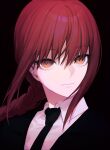  1girl black_background black_necktie black_suit braid braided_ponytail brown_hair chainsaw_man formal highres lapels light_smile looking_at_viewer makima_(chainsaw_man) necktie portrait ringed_eyes shirt sidelocks simple_background solo suit vickyycy99 white_shirt yellow_eyes 