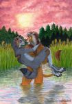  absurd_res anthro bridal_carry by-nc-nd canid canine canis carrying claws colored_pencil_(artwork) corvin_(hunterbeinghunted) countershade_face countershade_fur countershade_torso countershading creative_commons duo eye_contact felid fur grey_body grey_fur hi_res hunterbeinghunted interspecies lion looking_at_another male male/male mammal mane nude painting_(artwork) pantherine partially_submerged plant romantic romantic_couple smile sunset tail_tuft traditional_media_(artwork) tree tuft varius_(hunterbeinghunted) water watercolor_(artwork) whiskers wolf 