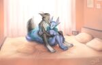  16:9 2021 anthro bed bedroom blush breasts butt canid canine canis claws cuddling cute_expression duo embrace female ferrin fluffy fluffy_ears fluffy_tail friends fur furniture hair hi_res hug humanoid hybrid male male/female mammal narrowed_eyes nude on_bed pawpads romantic smile talons twymouse widescreen wolf 