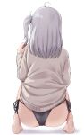  1girl absurdres barefoot black_panties commentary_request from_behind full_body grey_hair grey_sweater highres kantai_collection kiritto long_hair one_side_up panties side-tie_panties simple_background solo squatting suzutsuki_(kancolle) sweater underwear white_background 