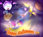  anonymous_artist boo candy claws collar demon dessert devil_horns_(gesture) doughnut duo food fruit gesture halloween halloween_2022 halloween_costume hi_res holidays horn mario_bros membrane_(anatomy) membranous_wings moon night nintendo plant pumpkin purple_eyes spade_tail toe_claws trick_or_treat video_games wings yoshi 