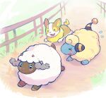 &gt;_&lt; :d blush closed_eyes commentary_request day fang fence flying_sweatdrops grass mareep no_humans notice_lines open_mouth outdoors pokemon pokemon_(creature) running smile sparkle tansho wooloo yamper 