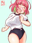  1girl ahoge alternate_costume artist_logo blue_background blue_buruma blush bob_cut bouncing_breasts breasts buruma cowboy_shot dated glasses green_hair gym_shirt gym_uniform kanon_(kurogane_knights) kantai_collection large_breasts multicolored_hair one-hour_drawing_challenge open_mouth panties_under_buruma pink-framed_eyewear pink_hair running shirt short_hair short_sleeves simple_background solo streaked_hair sweatdrop ume_(kancolle) white_shirt 