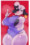  absurd_res anthro big_breasts black_body bodily_fluids bovid bovine breasts cattle clothing ear_piercing female hand_behind_back hi_res mammal monkelad multicolored_body one-piece_swimsuit open_mouth piercing pink_nose solo standing sweat swimwear thick_thighs white_body wide_hips 
