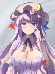  1girl bangs blue_bow blunt_bangs bow breasts bun_cover crescent crescent_hat_ornament double_bun dress hair_bun hat hat_bow hat_ornament highres large_breasts long_hair long_sleeves mob_cap namiki_(remiter00) neck_ribbon patchouli_knowledge purple_dress purple_eyes purple_hair purple_headwear red_bow red_ribbon ribbon solo striped striped_dress touhou vertical-striped_dress vertical_stripes very_long_hair wide_sleeves 