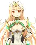  1girl bafarin bangs bare_shoulders blonde_hair breasts chest_jewel cleavage cleavage_cutout clothing_cutout dress earrings elbow_gloves gem gloves headpiece highres jewelry large_breasts long_hair mythra_(xenoblade) short_dress solo swept_bangs tiara very_long_hair white_dress white_gloves xenoblade_chronicles_(series) xenoblade_chronicles_2 yellow_eyes 