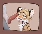  &lt;3 andromorph_(lore) anthro arishka black_stripes blonde_hair bodily_fluids border drall felid hair hi_res male mammal pantherine saliva saliva_on_tongue star_eyes staring_at_penis stripes tiger tongue tongue_out 