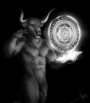  anthro bgn black_and_white bovid bovine cattle ear_piercing eyes_closed flaccid foreskin genitals hi_res horn magic male mammal mandala monochrome nipple_piercing nipples open_book penis piercing rintrah_(marvel) solo 