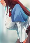  1girl :d blue_capelet blurry blurry_background breasts capelet from_side head_out_of_frame highres huge_breasts leaning_forward long_hair long_sleeves open_mouth red_hair shingyoku_(female) shingyoku_(touhou) smild smile solo teruteru12 touhou touhou_(pc-98) upper_body 