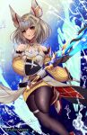  1girl animal_ears bangs blunt_bangs breasts cat_ears catalyst_scimitar chest_jewel detached_sleeves facial_mark grey_hair highres kamaniki nia_(xenoblade) pantyhose short_hair small_breasts solo sword weapon xenoblade_chronicles_(series) xenoblade_chronicles_3 yellow_eyes 