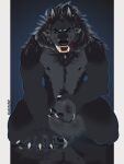  3:4 abs absurd_res animal_genitalia animal_penis anthro balls bambii_dog big_balls big_sheath black_body black_eyebrows black_fur black_inner_ear_fluff black_sclera blue_eyes bodily_fluids body_hair canid canine canine_penis canis chest_tuft circular_barbell_piercing clawed_fingers countershade_fur countershading digital_media_(artwork) dominant dominant_anthro dominant_male dripping ear_piercing evil_grin eyebrows facial_piercing fangs fur furgonomics furry-specific_piercing genital_piercing genitals grey_body grey_fur hand_on_ground happy_trail hi_res huge_balls huge_sheath inner_ear_fluff leaning leaning_forward licking licking_lips looking_at_viewer male mammal muscular muscular_anthro muscular_arms muscular_male muscular_thighs navel neck_tuft nipple_piercing nipples nose_piercing nose_ring nude_anthro nude_male open_mouth penis piercing ring_piercing saliva saliva_drip septum_circular_barbell septum_piercing sheath sheath_piercing sitting smile smiling_at_viewer smug solo tongue tongue_out tuft vex_(vyti) were werecanid werecanine werewolf wolf 