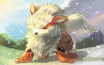  arcanine closed_mouth cloud commentary_request day full_body grass no_humans outdoors pokemon pokemon_(creature) rain rainbow standing tansho water_drop wet 
