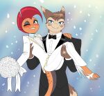  abstract_background anthro anthrofied black_eyeshadow black_tie_(suit) blue_eyes blush bouquet bow_tie bride broad_shoulders brooch brown_body brown_fur carrying_partner clothed clothing crovirus curvy_figure digit_ring duo eyeshadow footwear fur furret generation_2_pokemon generation_5_pokemon girly glistening_eyelids grey_body grey_scales groom hi_res high_heels jewelry larger_male looking_at_viewer makeup male male/male male_(lore) married_couple multicolored_body multicolored_fur nintendo one_eye_closed orange_body orange_scales pokemon pokemon_(species) red_eyes ring scales scrafty size_difference smile suit tan_body tan_fur two_tone_body two_tone_fur video_games wedding_clothing wedding_ring 