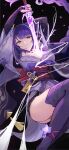  1girl ass_visible_through_thighs braid breasts commentary_request dress duplicate ema_(kuguiema) flower genshin_impact haori highres holding holding_sword holding_weapon human_scabbard japanese_clothes large_breasts lightning long_hair looking_at_viewer mole musou_isshin_(genshin_impact) purple_dress purple_eyes purple_hair raiden_shogun red_sash sash smile sword thighhighs weapon 