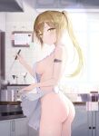  1girl akie_(44265104) apron apron_lift arm_tattoo ass bangs bare_shoulders blonde_hair bottle bottomless breasts cooking cooking_pot from_side green_eyes hair_ornament hairclip highres holding holding_ladle kitchen ladle light_blush long_hair looking_at_viewer looking_to_the_side medium_breasts naked_apron original parted_lips ponytail sideboob solo steam sticky_note stove tattoo teeth tile_wall tiles vase white_apron 