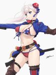  american_flag_bikini american_flag_legwear asymmetrical_footwear asymmetrical_gloves asymmetrical_hair bangs belt beltskirt bikini blue_eyes boots breasts bun_cover choker cleavage cross-laced_clothes cross-laced_legwear elbow_gloves fate/grand_order fate_(series) fingerless_gloves flag_print gloves gunblade hair_bun hair_ribbon half-skirt highres large_breasts long_hair miyamoto_musashi_(fate) miyamoto_musashi_(swimsuit_berserker)_(fate) navel odachu pink_hair print_swimsuit ribbon shrug_(clothing) single_elbow_glove single_hair_bun single_hair_intake single_side_bun single_sidelock single_thigh_boot single_thighhigh swept_bangs swimsuit thigh_boots thigh_strap thighhighs underboob uneven_footwear uneven_gloves weapon 