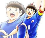  1boy black_eyes brown_hair captain_tsubasa hand_up jumping male_focus non-web_source oozora_tsubasa open_mouth simple_background smile soccer soccer_uniform solo solo_focus sportswear 