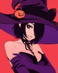  1girl bare_shoulders black_hair breasts chainsaw_man choker cleavage elbow_gloves gloves green_eyes hair_over_one_eye hat looking_at_viewer moshimoshibe purple_gloves red_background reze_(chainsaw_man) short_hair simple_background smile solo witch_hat 