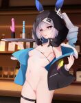  1girl absurdres bar_(place) black_jacket blue_hair blurry blurry_background bottle breasts bronya_zaychik bronya_zaychik_(haxxor_bunny) cowboy_shot dildo drill_hair fur-trimmed_jacket fur_trim gradient_hair grey_eyes grey_hair heart heart-shaped_pupils highres holding holding_tray honkai_(series) honkai_impact_3rd hood hood_up indoors jacket long_sleeves looking_at_viewer multicolored_hair navel nipples nude off_shoulder open_mouth pussy sex_toy small_breasts smile solo steodg symbol-shaped_pupils teeth thigh_strap tray twin_drills twintails upper_teeth 