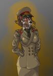  anthro bottomwear brown_body brown_eyes brown_fur brown_hair canid canine canis clothing domestic_dog drqube eye_scar facial_scar female fur hair hands_behind_back hat headgear headwear hi_res mammal military_uniform russian scar skirt solo soviet_union uniform white_body white_fur 