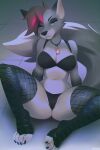  4_toes anthro bra breasts canid canine canis cleavage clothed clothing feet female fishnet fishnet_legwear jewelry legwear looking_at_viewer mammal miles_df necklace panties solo spread_legs spreading toeless_legwear toes underwear wolf 