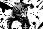  1boy armor asta_(black_clover) black_armor black_clover black_headwear claws demon_horns demon_tail demon_wings greyscale highres horns leg_armor monochrome sharp_teeth shoulder_armor solo symbol-shaped_pupils tail tashiro_yumiya teeth wings 