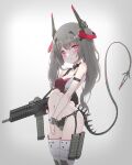  1girl :&lt; absurdres breasts chromatic_aberration cleavage grey_background grey_hair grey_panties grey_thighhighs groin gun headgear highres long_hair mechanical_tail navel no_pants oota_youjo original panties red_eyes simple_background small_breasts solo sports_bra stomach tail thighhighs thighs twintails underwear weapon weapon_request 
