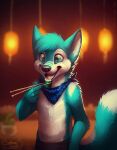  2017 anthro blue_body blue_eyes blue_fur blue_hair blue_kerchief blue_neckerchief blurred_background canid cheek_tuft clothed clothing dated elbow_tuft facial_tuft fangs food front_view fur glistening glistening_eyes hair half-length_portrait kerchief male mammal mylafox neck_tuft neckerchief open_mouth open_smile plant plant_pot portrait potted_plant short_hair shoulder_tuft signature smile solo sushi text topless tuft url white_body white_fur 