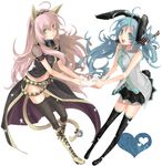  ahoge animal_ears aqua_eyes aqua_hair bell boots bunny_ears hatsune_miku heart jingle_bell koshino_nose long_hair megurine_luka multiple_girls necktie pink_hair simple_background skirt smile star tail thighhighs twintails vocaloid wolf_ears zettai_ryouiki 