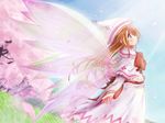  blonde_hair blue_sky blush bow bowtie cherry_blossoms day dress duplicate fairy green_eyes hat light_rays lily_white long_sleeves looking_afar looking_up red_bow red_neckwear scarlet_(studioscr) short_hair sky solo standing sunlight tate_eboshi touhou white_dress 